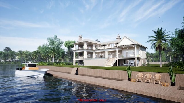 view of dock featuring stairs, a yard, and a water view