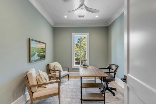 home office with crown molding, recessed lighting, ceiling fan, wood finished floors, and baseboards