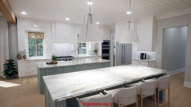 kitchen with light wood finished floors, stainless steel appliances, decorative backsplash, white cabinets, and a kitchen island with sink