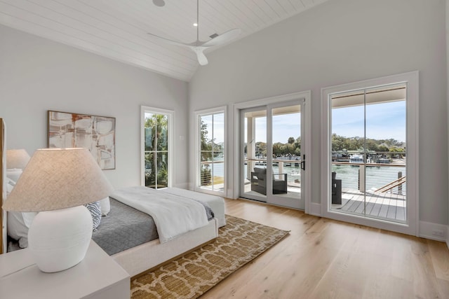 bedroom with lofted ceiling, access to outside, wood ceiling, and light wood-style floors