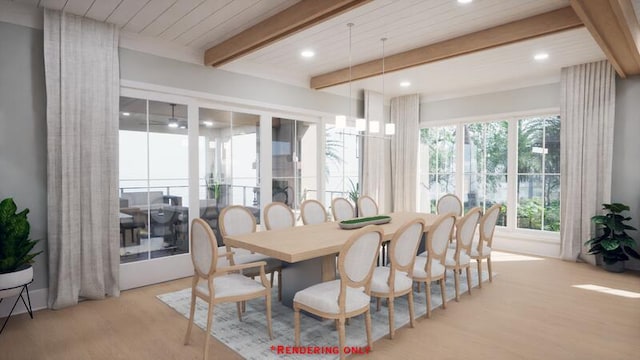 dining room with beam ceiling, wood finished floors, and recessed lighting