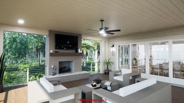 exterior space featuring exterior fireplace, wood ceiling, and a ceiling fan