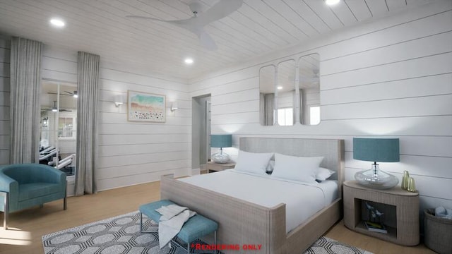 bedroom featuring wood finished floors, wood ceiling, and recessed lighting