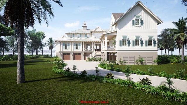 rear view of house featuring driveway, a balcony, board and batten siding, and a lawn