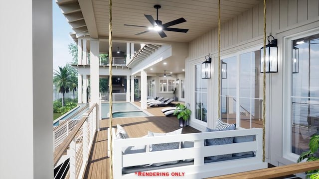 view of patio / terrace with ceiling fan and a balcony