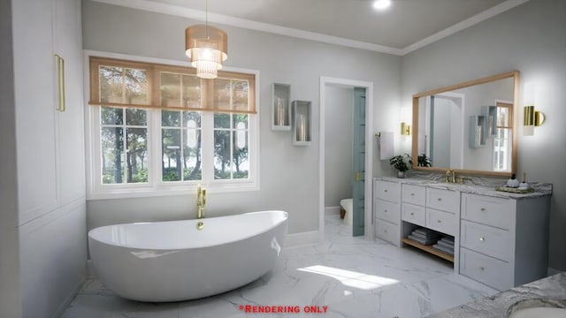 full bath featuring marble finish floor, baseboards, crown molding, and vanity