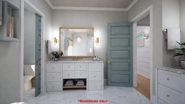 bathroom featuring marble finish floor, ornamental molding, and vanity