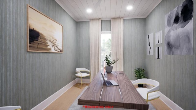 office space featuring wood finished floors, baseboards, and wallpapered walls