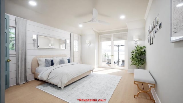 bedroom featuring access to exterior, multiple windows, crown molding, and wood finished floors