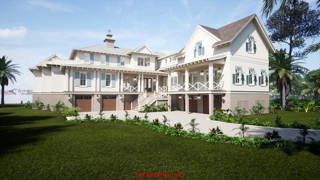 rear view of house featuring a lawn, a porch, and a garage