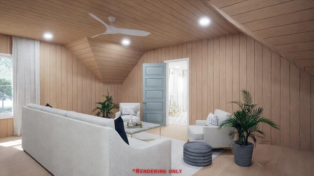 living room featuring wood ceiling and recessed lighting