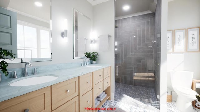 bathroom with a stall shower, a sink, recessed lighting, and double vanity