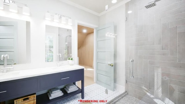 bathroom featuring a stall shower, recessed lighting, crown molding, and vanity