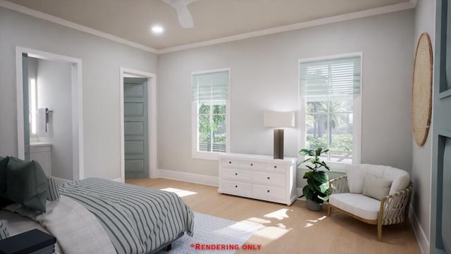 bedroom with crown molding, recessed lighting, ensuite bath, light wood-type flooring, and baseboards