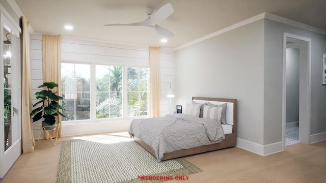 bedroom with baseboards, multiple windows, wood finished floors, and crown molding