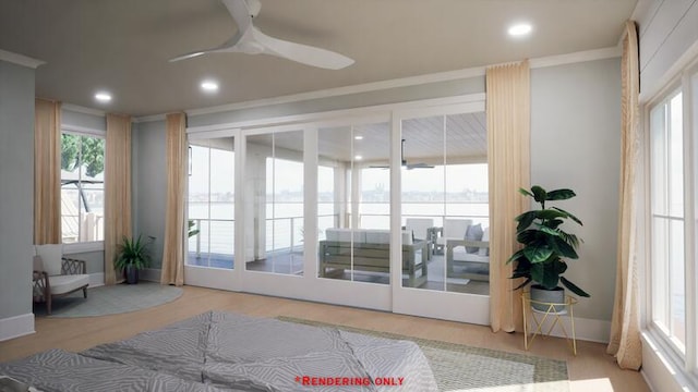 interior space featuring crown molding, recessed lighting, a ceiling fan, wood finished floors, and baseboards