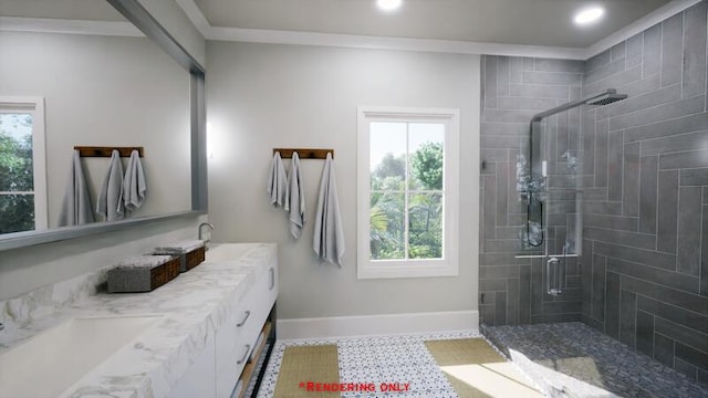 full bathroom with a healthy amount of sunlight, baseboards, a tile shower, and crown molding