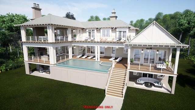 back of house with a patio, stairway, a lawn, and a balcony