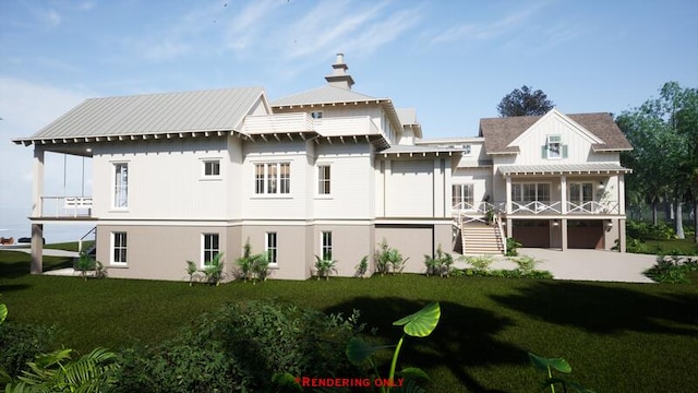 back of property featuring a yard and stairway