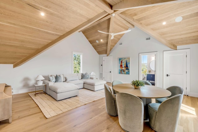 dining area featuring wooden ceiling, visible vents, lofted ceiling with beams, and wood finished floors