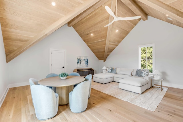 dining room with beam ceiling, wooden ceiling, baseboards, and wood finished floors