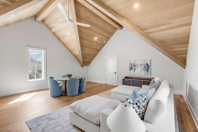 interior space featuring wooden ceiling, baseboards, beamed ceiling, and wood finished floors