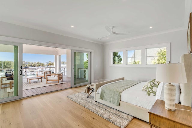 bedroom featuring recessed lighting, ornamental molding, a ceiling fan, wood finished floors, and access to outside