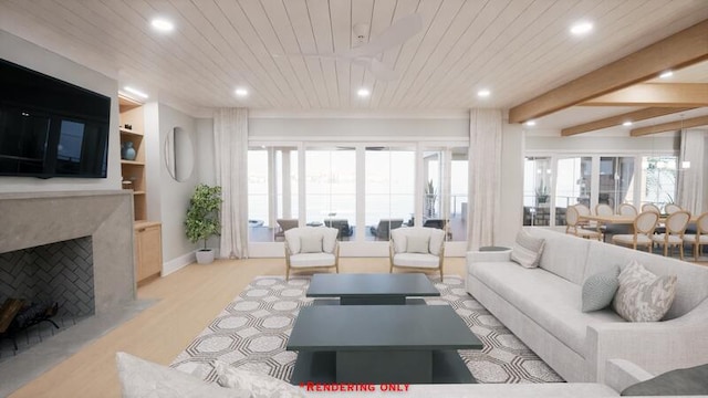 living area with wood ceiling, a fireplace, and plenty of natural light