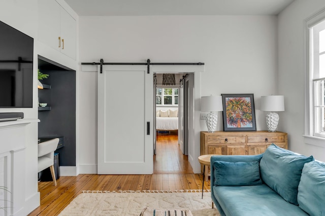 living room with a barn door and light hardwood / wood-style flooring