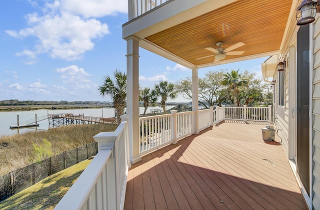 wooden deck featuring a water view, ceiling fan, and fence