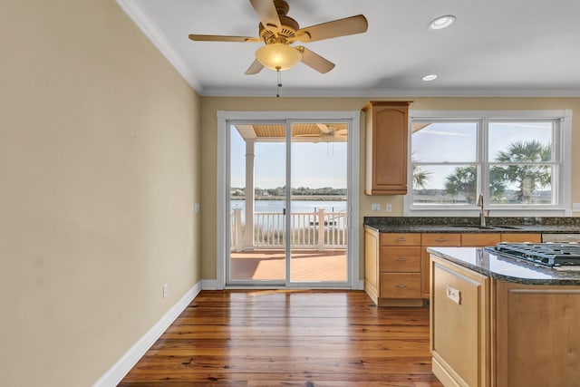 kitchen with wood finished floors, baseboards, a sink, crown molding, and black gas stovetop