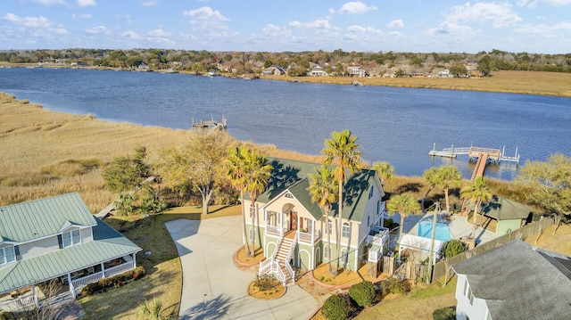 drone / aerial view featuring a water view