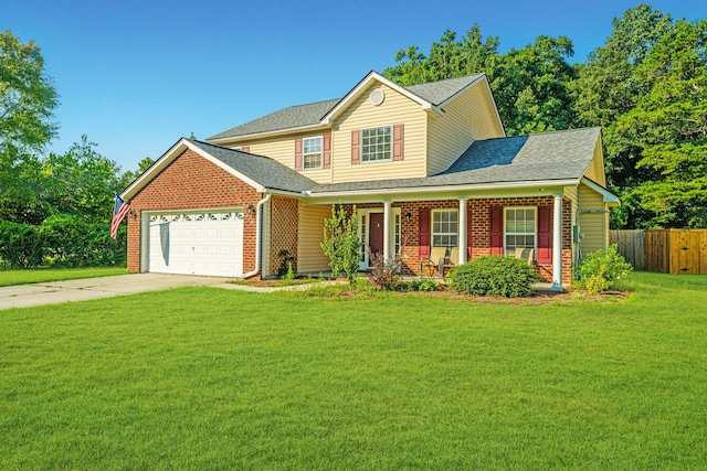 front facade featuring a garage, covered porch, and a front lawn