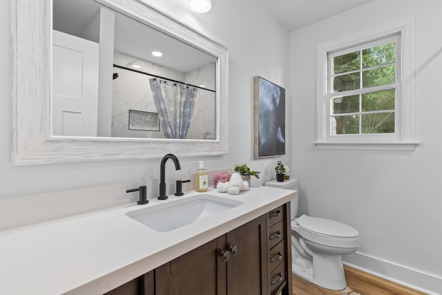 411 Berkeley Dr, Moncks Corner, SC 29461 - bathroom with vanity, toilet, wood finished floors, and curtained shower