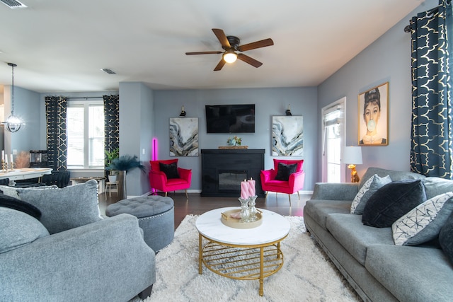 living room with ceiling fan and wood-type flooring