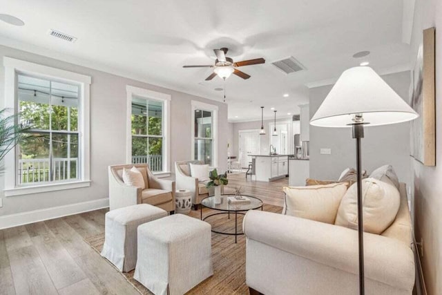 living room featuring ornamental molding, light hardwood / wood-style floors, ceiling fan, and sink