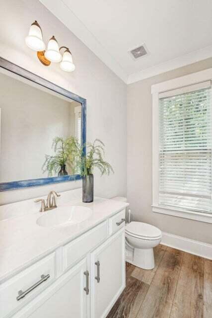 bathroom featuring hardwood / wood-style flooring, vanity, toilet, and ornamental molding