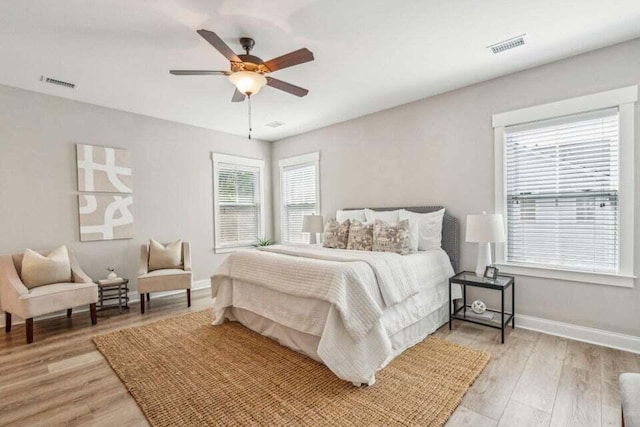 bedroom with hardwood / wood-style flooring and ceiling fan