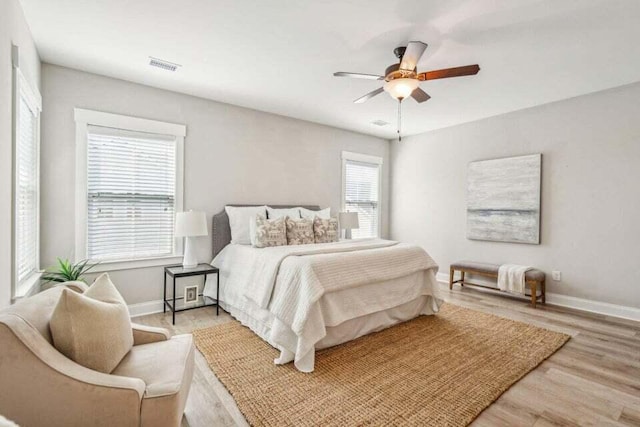 bedroom featuring ceiling fan and light wood-type flooring