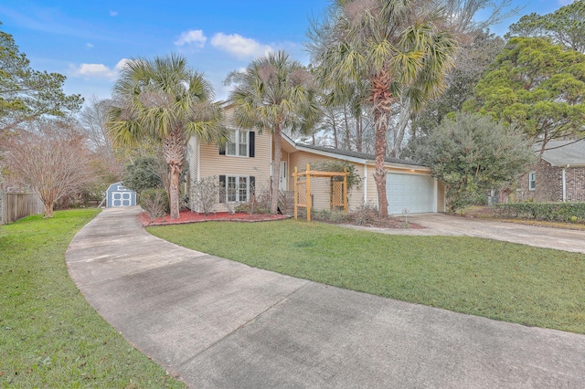 view of front of house with a storage shed, a front lawn, and a garage