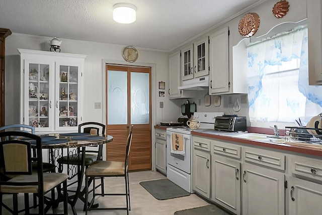 2363 Ranger Dr, Cross, SC 29436 - kitchen with electric stove, under cabinet range hood, white cabinets, glass insert cabinets, and crown molding