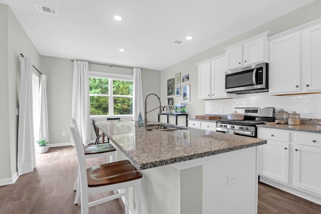 725 Pepperbush St, Charleston, SC 29414 - kitchen featuring appliances with stainless steel finishes, a sink, a kitchen island with sink, light stone countertops, and recessed lighting
