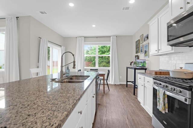 725 Pepperbush St, Charleston, SC 29414 - kitchen with stainless steel appliances, a sink, wood finished floors, light stone countertops, and white cabinetry