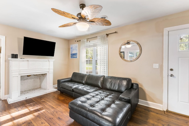 532 Sunset Dr, Charleston, SC 29407 - living area with baseboards, wood finished floors, a ceiling fan, and a fireplace