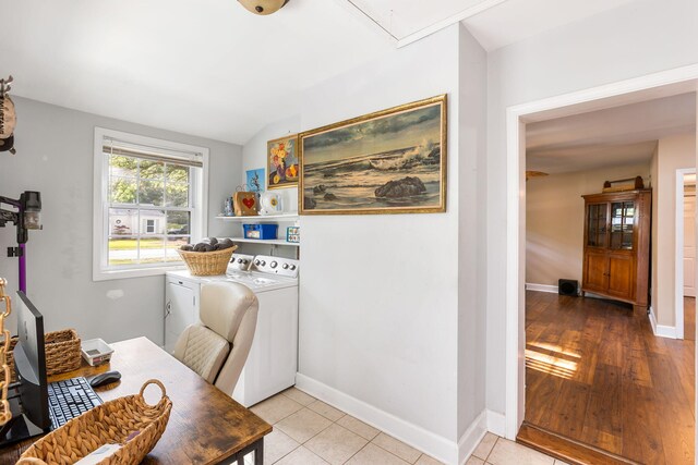 532 Sunset Dr, Charleston, SC 29407 - office area featuring washing machine and dryer, attic access, baseboards, lofted ceiling, and light tile patterned flooring