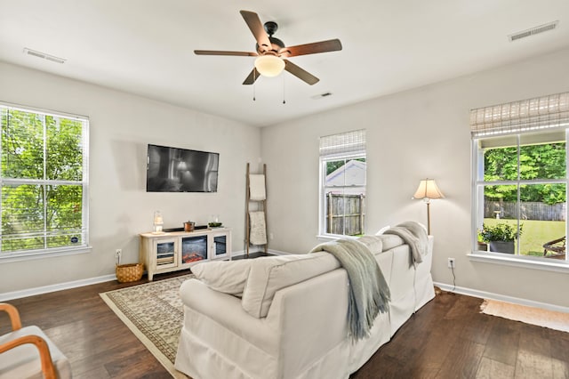 243 Old Savannah Dr, Goose Creek, SC 29445 - living room with baseboards, dark wood finished floors, and ceiling fan