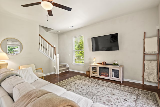 243 Old Savannah Dr, Goose Creek, SC 29445 - living room featuring stairs, plenty of natural light, wood finished floors, and ceiling fan