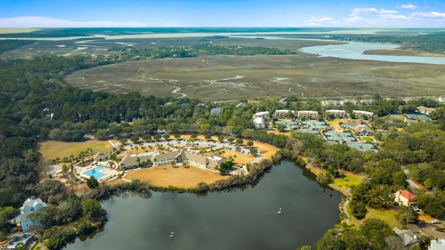 bird's eye view featuring a residential view and a water view