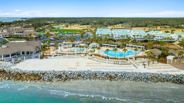 aerial view featuring a residential view and a water view