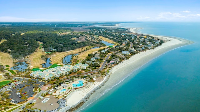 bird's eye view featuring a water view and a view of the beach